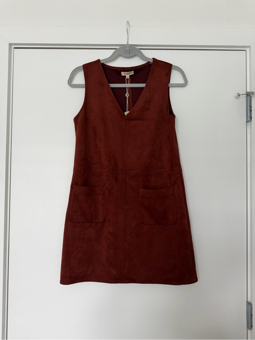 Max Studio London Sleeveless Faux Suede V-Neck Mini Dress in Russet